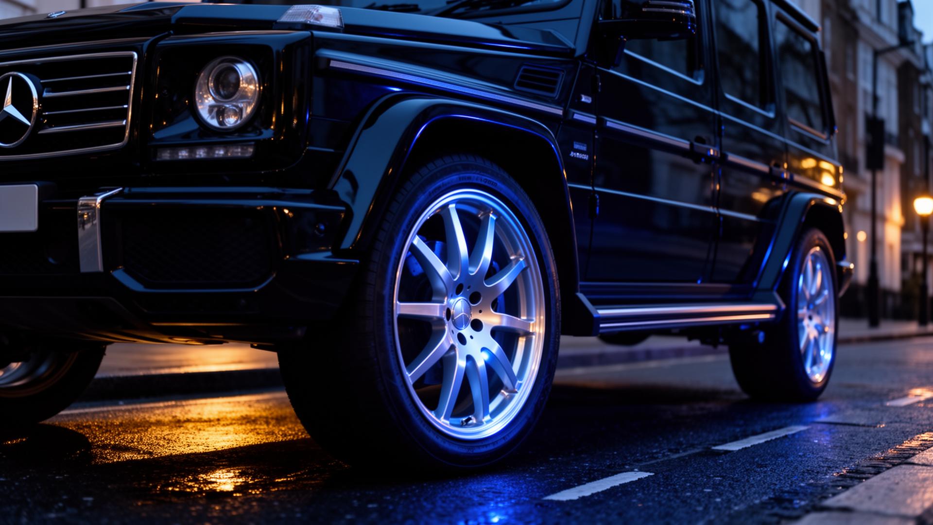 Premium SUV with refreshed wheels — kerbside, evening.